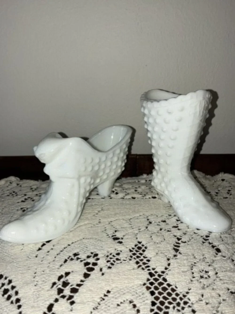 Lot of 2 - Vintage Fenton Milk Glass Hobnail Cat's Head Slipper and Lace-Up Boot